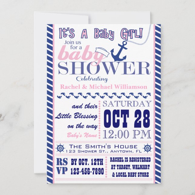 Nautical Baby Girl Baby Shower Invitation (Front)