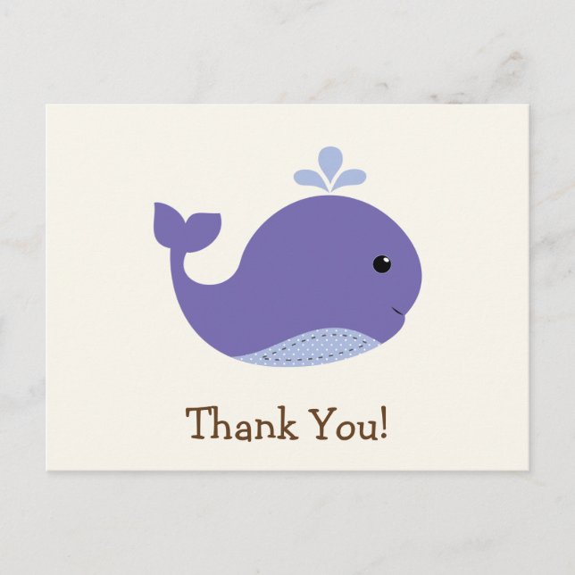Nautical Baby Purple Whale, Ocean Thank You Postcard (Front)