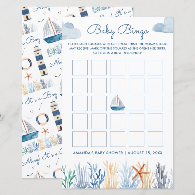 Nautical Baby Shower Baby Bingo Game (Front/Back)
