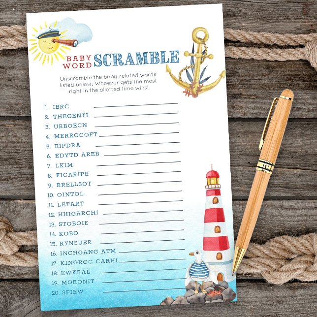 Nautical Baby Shower Baby Word Scramble Game (Baby word scramble game card from my Ahoy it's a boy Nautical Baby Shower collection)