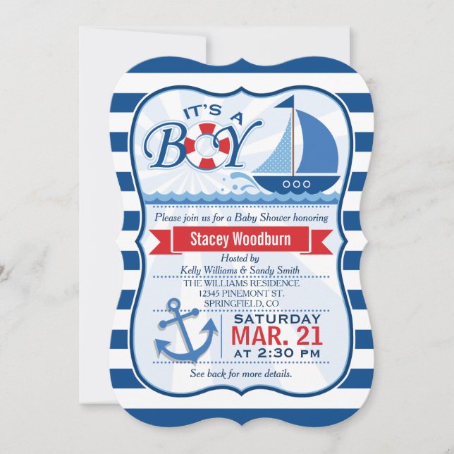 Nautical Baby Shower; Blue & White Stripes Invitation (Front)