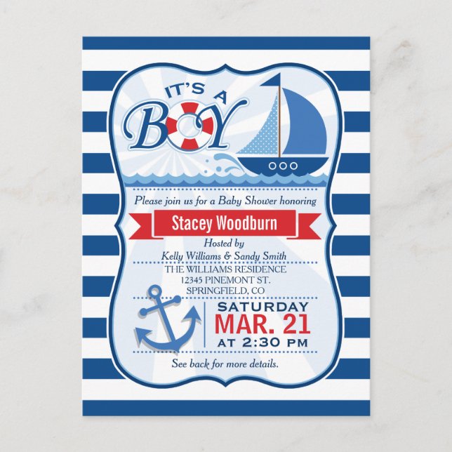 Nautical Baby Shower; Blue & White Stripes Invitation Postcard (Front)