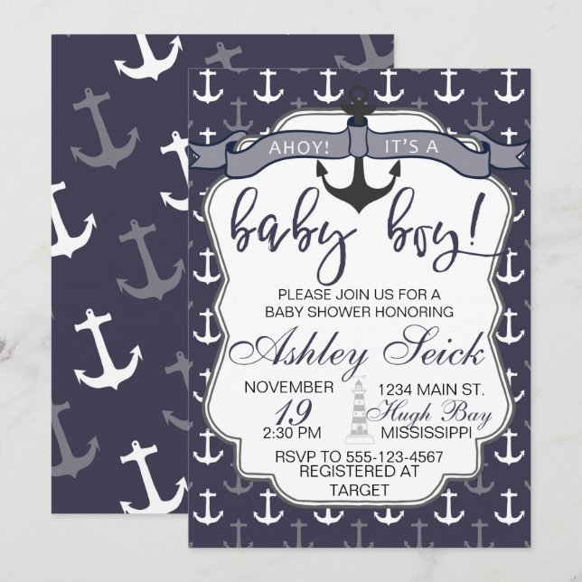 Nautical Baby Shower Boy Ahoy Its a Boy Invite (Front/Back)