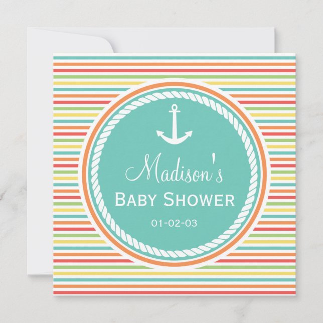 Nautical Baby Shower, Bright Rainbow Stripes Invitation (Front)