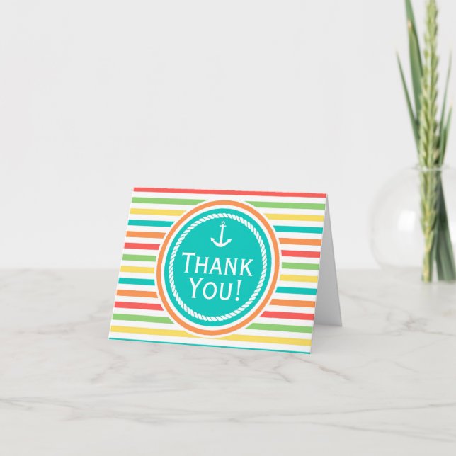 Nautical Baby Shower, Bright Rainbow Stripes Thank You Card (Front)