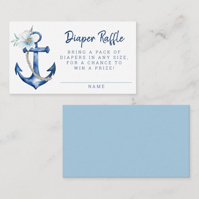 Nautical Baby Shower Diaper Raffle Card | Blue Anc (Front/Back)