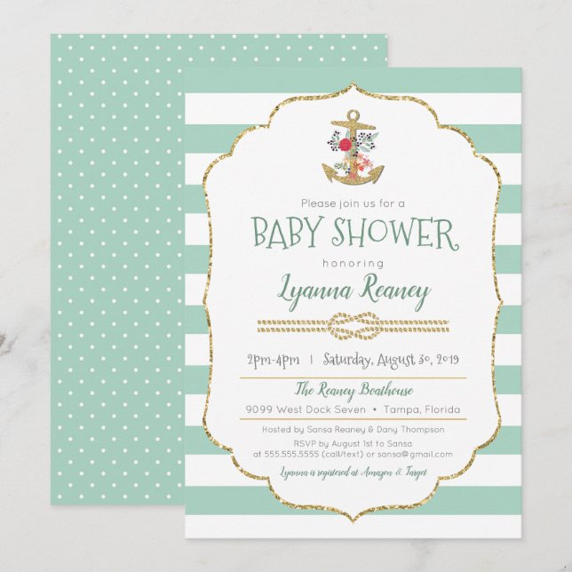 Nautical Baby Shower Floral Anchor Mint Green Invitation (Front/Back)