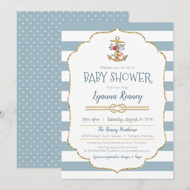 Nautical Baby Shower Floral Anchor Navy Blue Invitation (Front/Back)