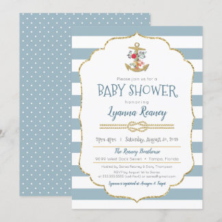 Nautical Baby Shower Floral Anchor Navy Blue Invitation