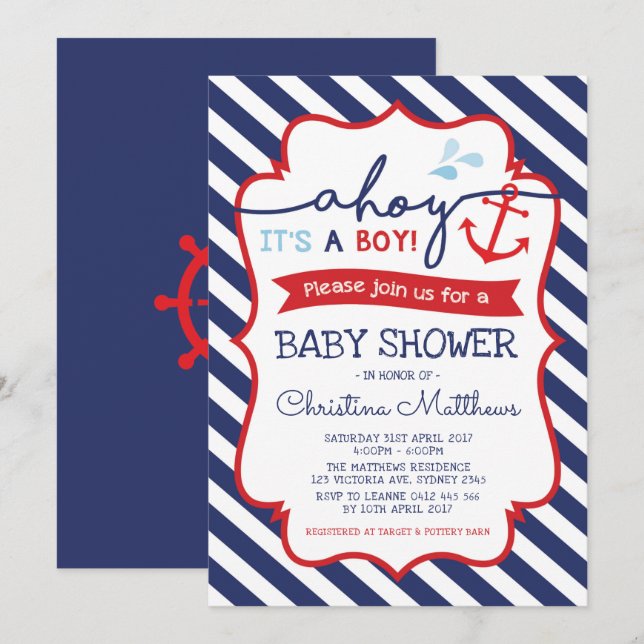 Nautical Baby Shower Invitation Ahoy It's a Boy! (Front/Back)