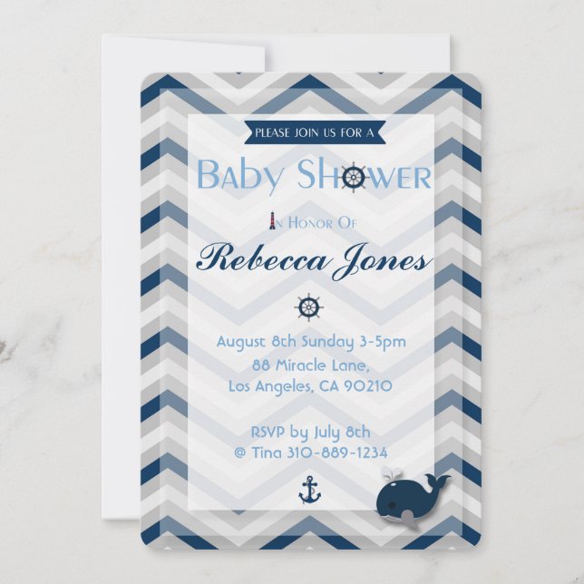 Nautical Baby Shower Invitation Boy Blue Chevron (Front)