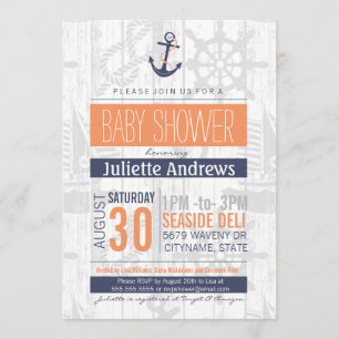 Nautical Baby Shower Invitation, Boy Blue Orange Invitation