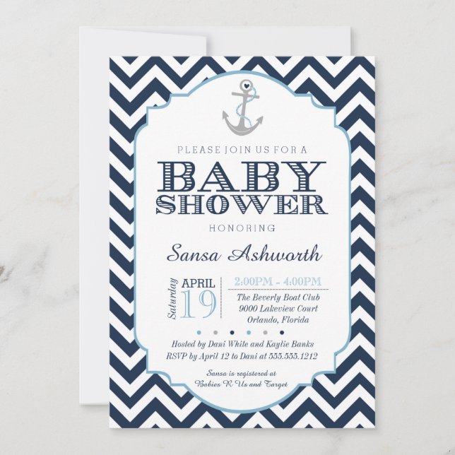 Nautical Baby Shower Invitation, Chevron boy blue Invitation (Front)