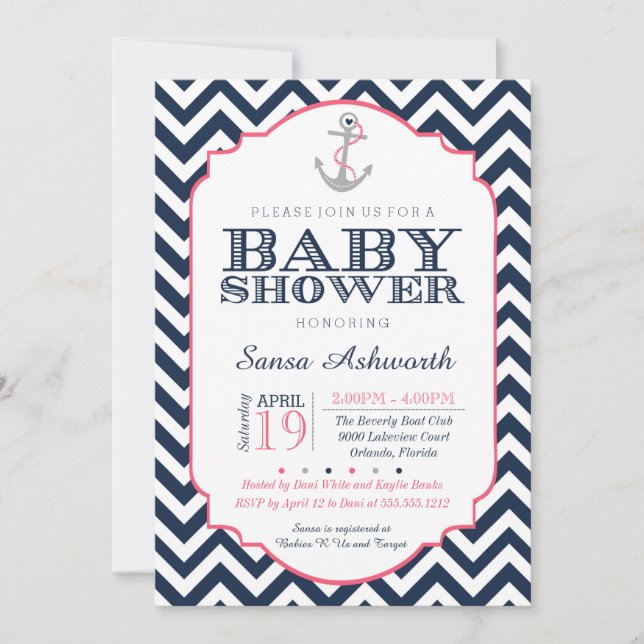 Nautical Baby Shower Invitation, Chevron Pink Blue Invitation (Front)