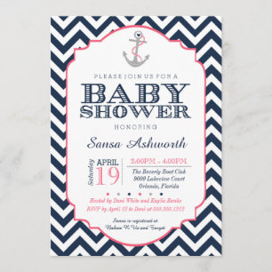 Nautical Baby Shower Invitation, Chevron Pink Blue Invitation