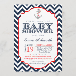 Nautical Baby Shower Invitation, Chevron red navy Invitation