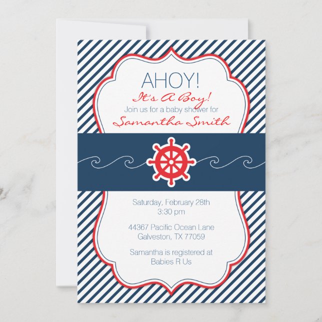 Nautical Baby Shower Invitation-Navy Blue & Red Invitation (Front)