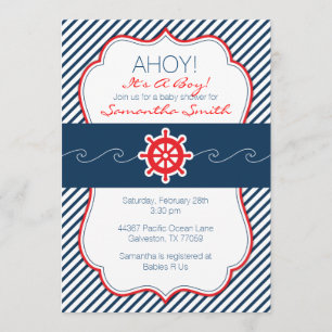 Nautical Baby Shower Invitation-Navy Blue & Red Invitation