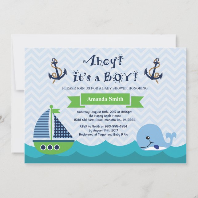Nautical Baby Shower Invitation Navy Gree and Blue (Front)