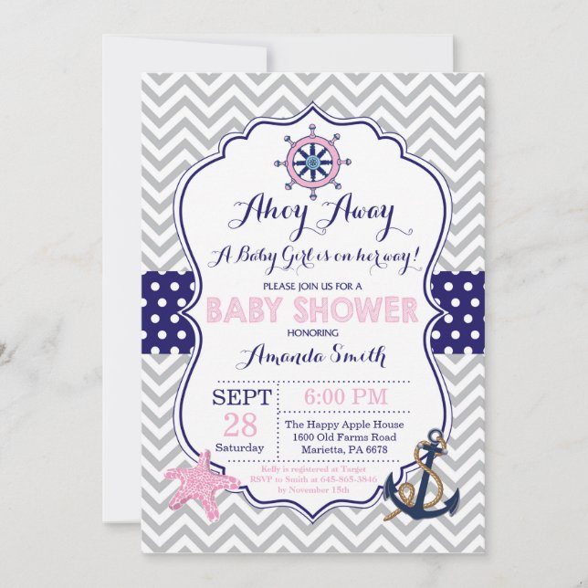 Nautical Baby Shower Invitation Navy Pink Grey (Front)