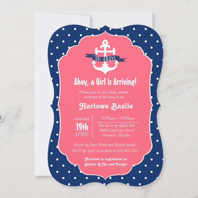 Nautical Baby Shower Invitation, Pink Blue Girl Invitation (Front)