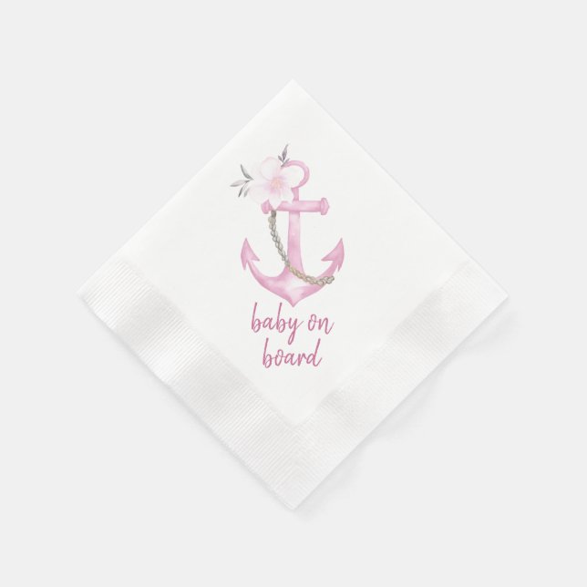 Nautical Baby Shower Napkins | Pink Watercolor Anc (Corner)
