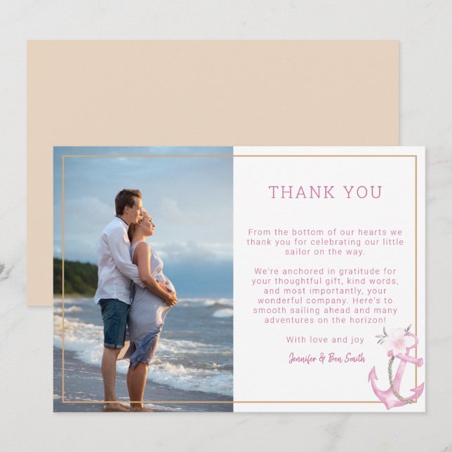 Nautical Baby Shower Photo Thank You Card | Pink W (Front/Back)