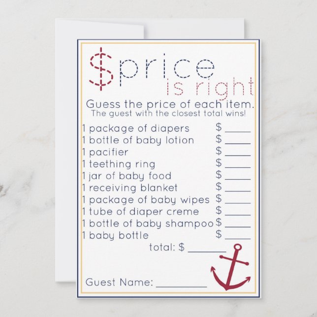 Nautical Baby Shower Price Is Right Game (Front)