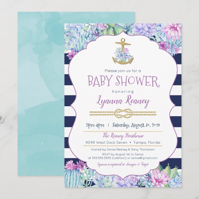 Nautical Baby Shower Succulents Navy Blue Lavender Invitation (Front/Back)