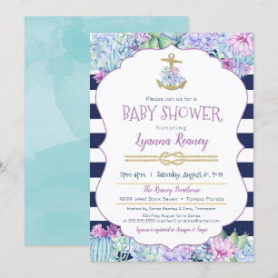 Nautical Baby Shower Succulents Navy Blue Lavender Invitation
