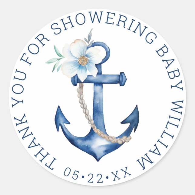 Nautical Baby Shower Thank You Sticker | Blue Anch (Front)