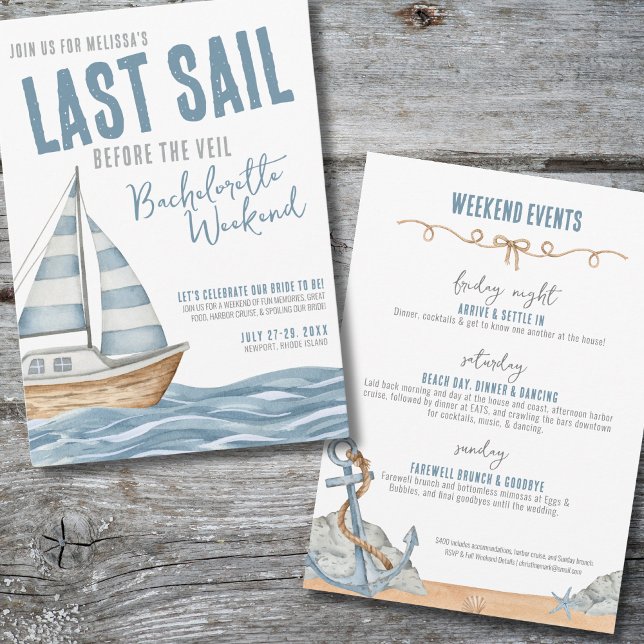 Nautical Bachelorette Weekend Invitation (Last Sail Before The Veil Nautical Bachelorette Invitation)