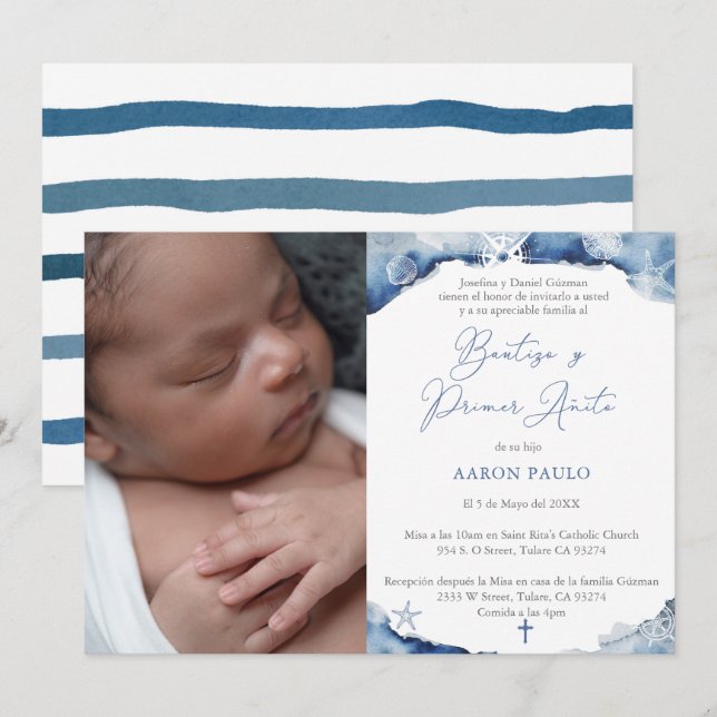 Nautical Baptism 1st Birthday Hispanic Bautismo Invitation (Front/Back)