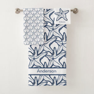 Nautical Bathroom Navy Blue Starfish pattern Bath Towel Set