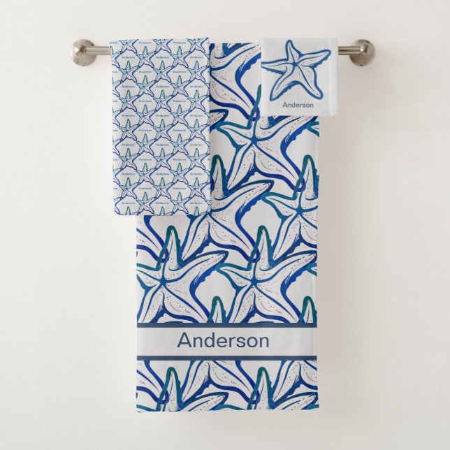  Nautical Bathroom Navy Blue Starfish pattern Bath Towel Set (Insitu)