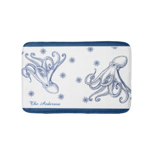 Nautical Bathroom Ocean Navy Blue Octopus  Bath Mat