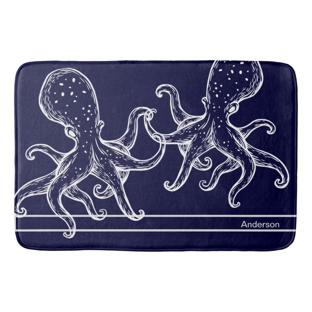  Nautical Bathroom Ocean Navy Blue Octopus Bath Mat (Front)