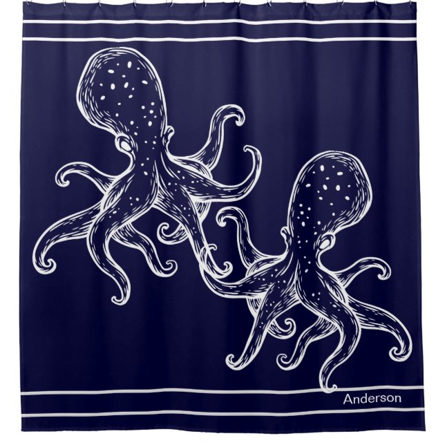  Nautical Bathroom Ocean Navy Blue Octopus Bath  S Shower Curtain (Front)