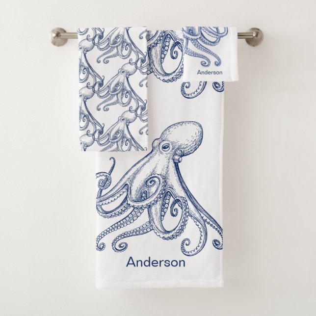  Nautical Bathroom Ocean Navy Blue Octopus Bath To Bath Towel Set (Insitu)