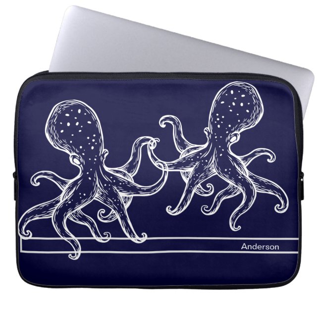  Nautical Bathroom Ocean Navy Blue Octopus  Laptop Sleeve (Front)