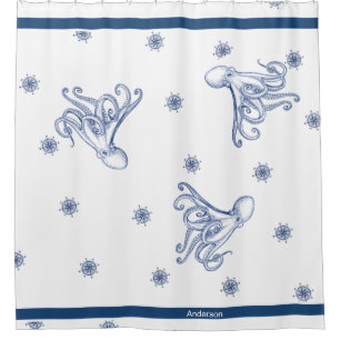 Nautical Bathroom Ocean Navy Blue Octopus Shower Curtain