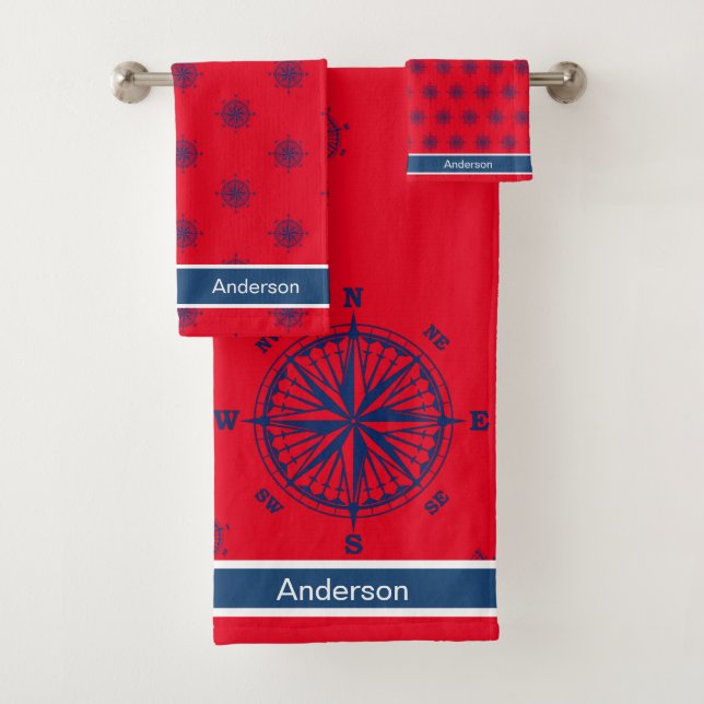  Nautical Bathroom Red White Navy Blue Compass  Bath Towel Set (Insitu)