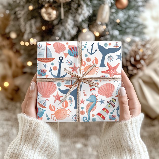 Nautical Beach Anchor Sea Shells Sailboat Pattern  Wrapping Paper Sheet (Creator Uploaded)