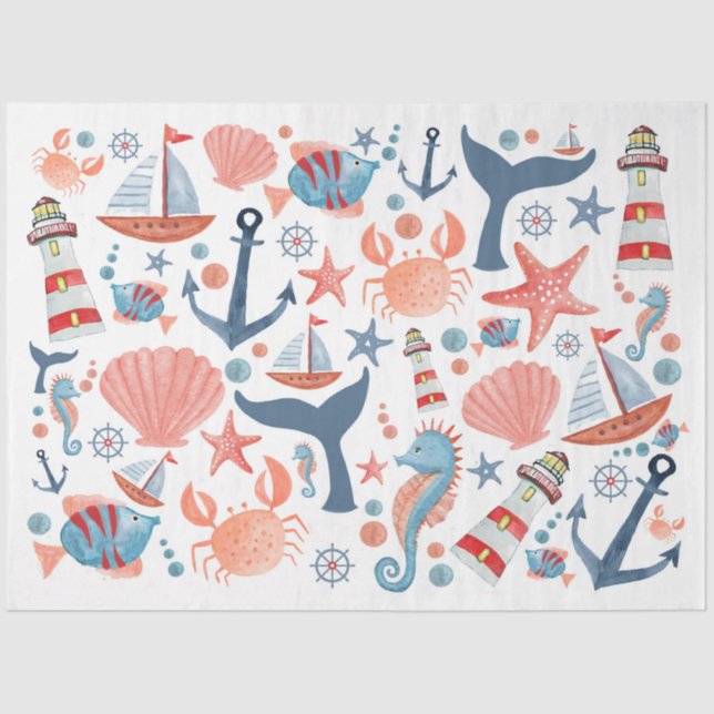 Nautical Beach Anchor Sea Shells Sailboat  Tissue Paper (Front)