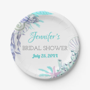 Nautical Beach Aqua Shell Bridal Shower Watercolor Paper Plate