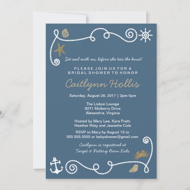 Nautical Beach Blue and Gold Bridal or Baby Shower Invitation (Front)
