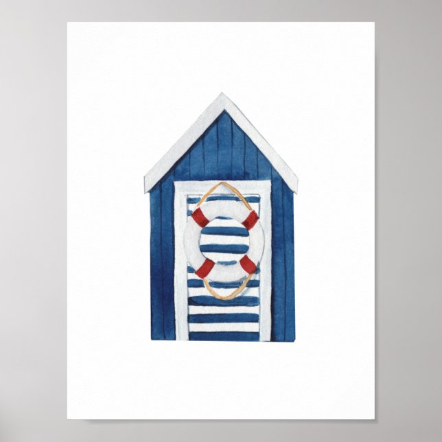 Nautical Beach Blue Beach Hut Holiday Nursery Poster (Front)