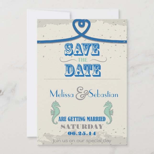 Nautical Beach Blue Heart Knot Save the Date (Front)