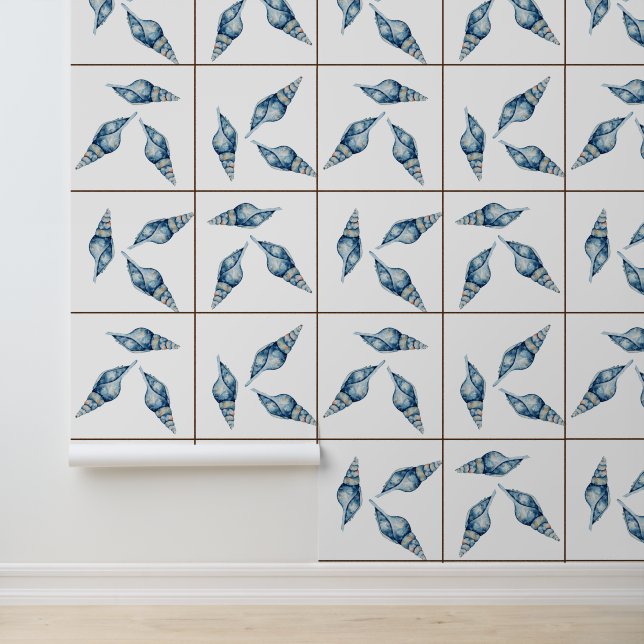 Nautical Beach Blue Seashell Shell White Faux Tile Wallpaper (Application)