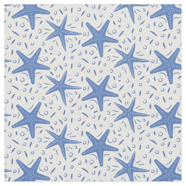 Nautical Beach Blue Starfish Pattern Fabric (Close Up)